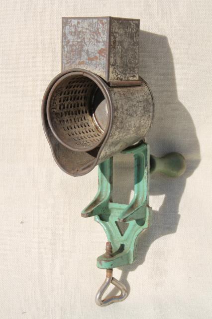 vintage Mouli type hand crank kitchen tool, antique Lorraine food grinder / grater