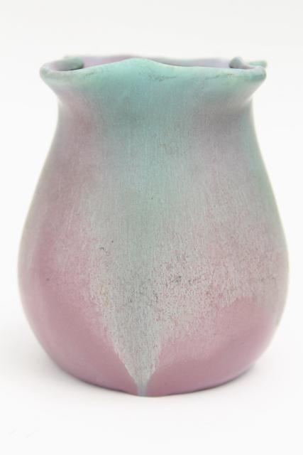vintage Muncie art pottery vases, pink-purple w/ green drip matte glaze