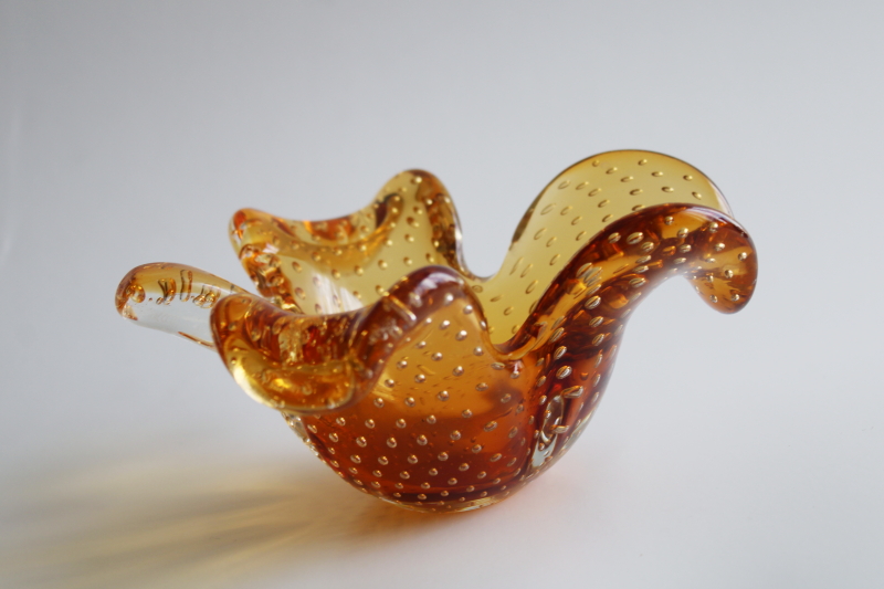 vintage Murano art glass shamrock bowl, controlled bubbles hand blown glass amber gold clover