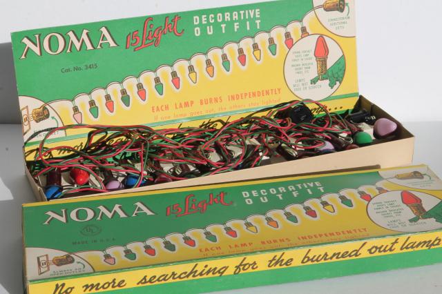 vintage NOMA Christmas lights in original boxes, a tree full of working lights!