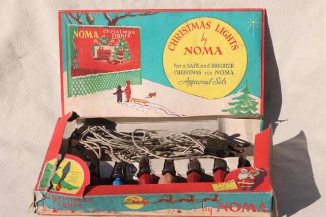 vintage NOMA Christmas tree lights, light string w/ bulbs in original box