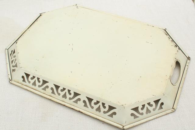 vintage Nashco serving tray, shabby chic lace edge pierced tole tin metal tray 