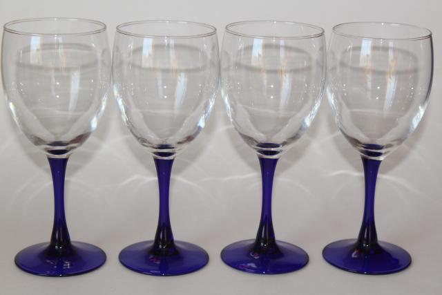 vintage Neptune Cristal d'Arques wine glasses, sapphire cobalt blue stem crystal goblets
