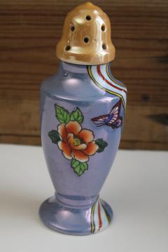 vintage Noritake china muffineer sugar shaker, hand painted lusterware butterfly  flower
