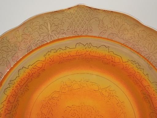 vintage Normandie carnival glass plates, iridescent marigold luster glass