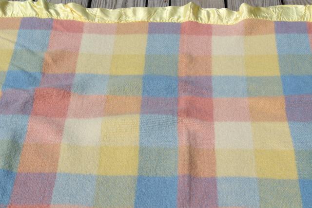 vintage North Star pure wool bed blanket, candy colors pastel checked plaid