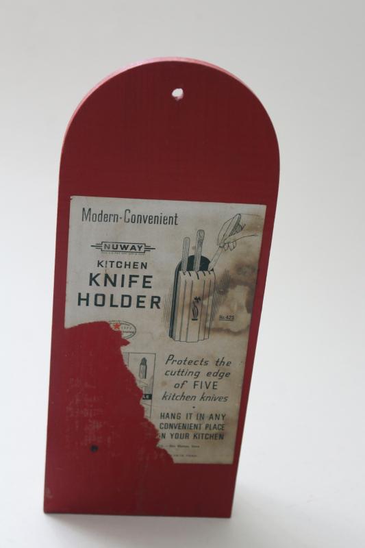 vintage Nuway knife block , 1930s red & white wall hanging wood rack for kitchen knives