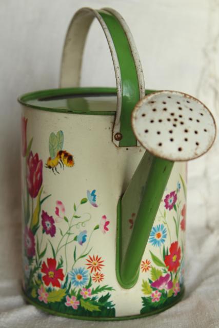 vintage Ohio Art tin litho print toy garden watering sprinkling can w/ bee & spring flowers
