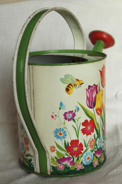 vintage Ohio Art tin litho print toy garden watering sprinkling can w/ bee & spring flowers