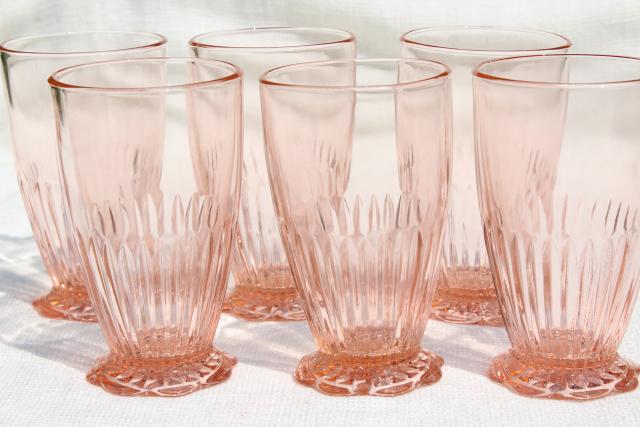 Vintage Old Colony Lace Edge Fine Rib Drinking Glasses Pink Depression Footed Tumblers