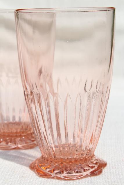 vintage Old Colony lace edge fine rib drinking glasses, pink depression footed tumblers