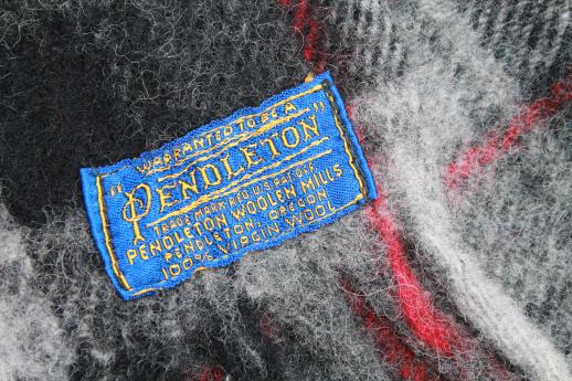 vintage Pendleton label wool throw, grey & red plaid camp blanket w/ wooly fring