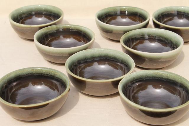 vintage Pfaltzgraff copper green drip glaze pottery, cereal / oatmeal bowls set of 8