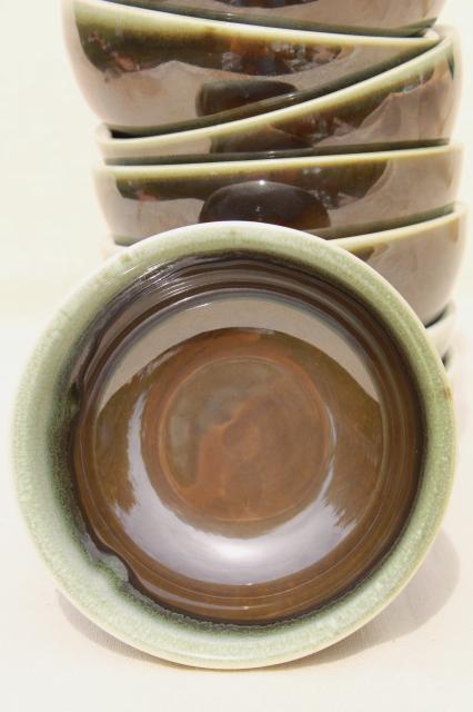 vintage Pfaltzgraff copper green drip glaze pottery, cereal / oatmeal bowls set of 8