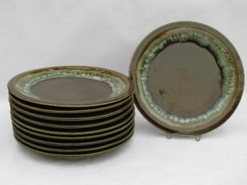 vintage Pfaltzgraff pottery, green drip gourmet stoneware, 10 dinner plates