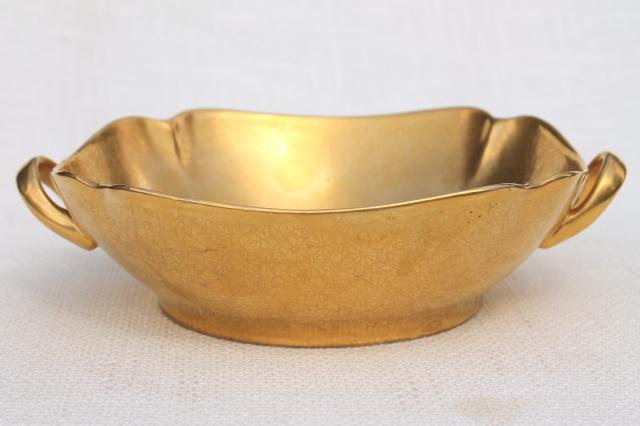 vintage Pickard encrusted gold bowl w/ side handles, large dish for nuts or sweets