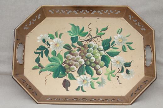 vintage Pilgrim Art tole ware serving tray w/ hand-painted flowers & grapes