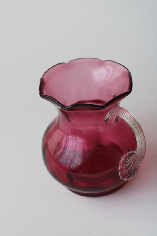 vintage Pilgrim hand blown cranberry glass mini pitcher w/ clear glass handle