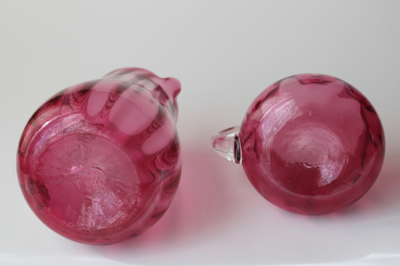 vintage Pilgrim hand blown cranberry glass, two small pitchers w/ clear glass handles