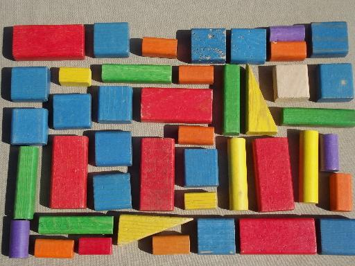 vintage Playskool colored wood blocks, old wooden toy building blocks