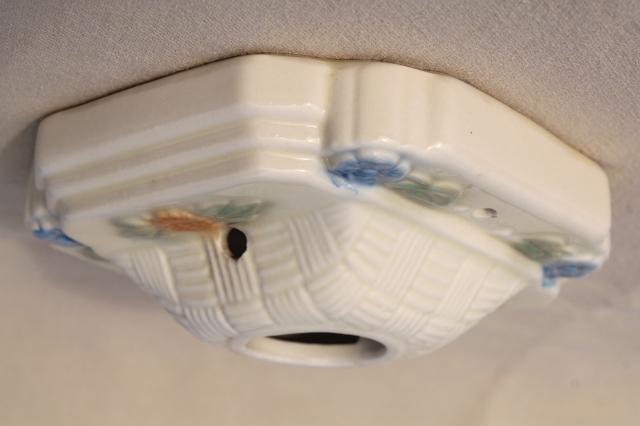 vintage Porcelier ironstone porcelain china light fixture, single bulb ceiling flush mount