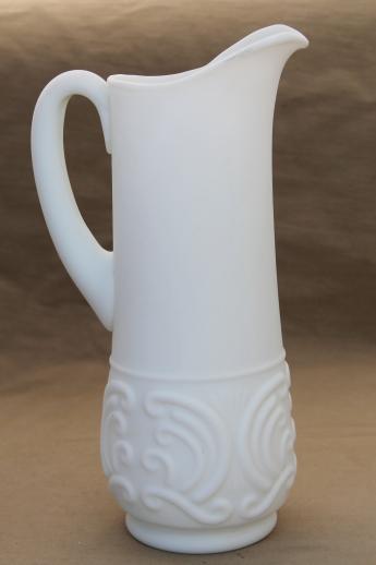 vintage Portieux Vallerysthal milk glass pitcher, tall ewer in white satin glass