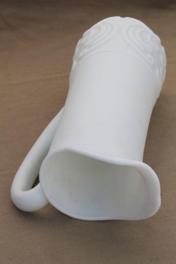 vintage Portieux Vallerysthal milk glass pitcher, tall ewer in white satin glass