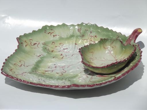 vintage Portugal majolica pottery cabbage leaf serving tray w/ bowl