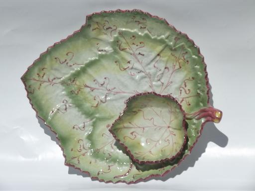 vintage Portugal majolica pottery cabbage leaf serving tray w/ bowl