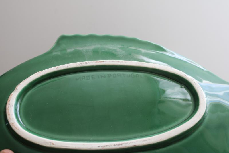 vintage Portugal pottery fish platter, jade green koi ceramic plate