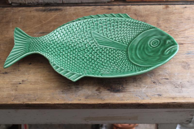 vintage Portugal pottery fish platter, jade green koi ceramic plate