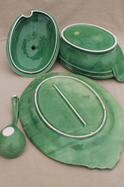 vintage Portugal pottery huge soup tureen, ladle & platter, Bordallo Pinheiro green leaf