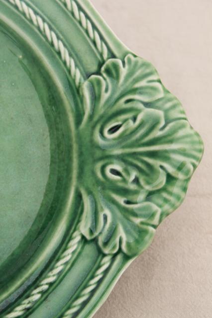 vintage Portugal pottery huge soup tureen, ladle & platter, Bordallo Pinheiro green leaf