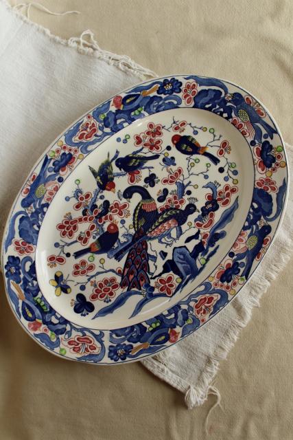 vintage Portugal pottery platter or tray, hand painted ceramic tree of life peacock & birds 