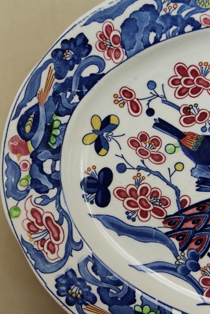 vintage Portugal pottery platter or tray, hand painted ceramic tree of life peacock & birds 