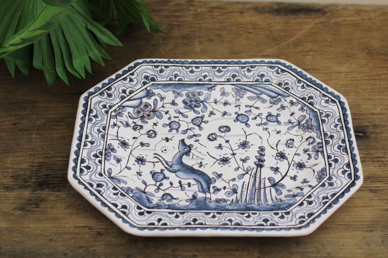 vintage Portugal pottery tray, tile blue & white w/ hand painted deer & flowers