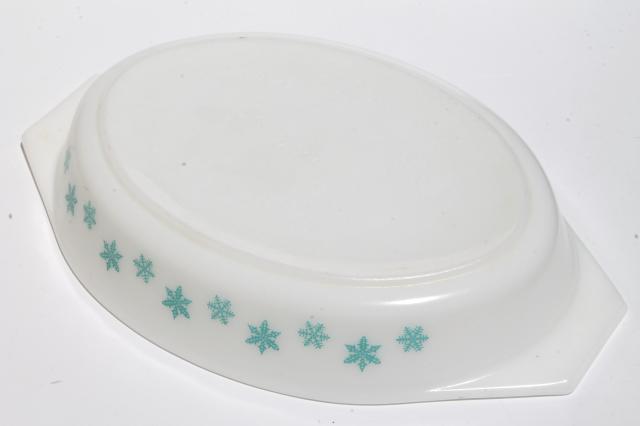 vintage Pyrex glass casseroles, aqua blue & white snowflake pattern