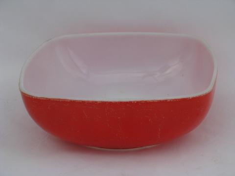 vintage Pyrex kitchen glass, primary red salad bowl, square shape