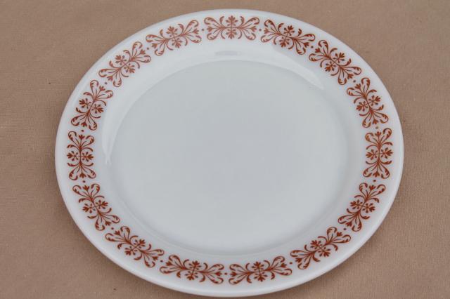 vintage Pyrex restaurant ware plates, milk glass w/ butterfly gold go-along border