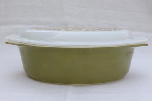 vintage Pyrex verde mistletoe green large oval casserole & print glass cover