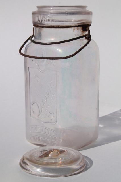 vintage Queen glass canning jar, embossed quart jar w/ glass lid, wire bail