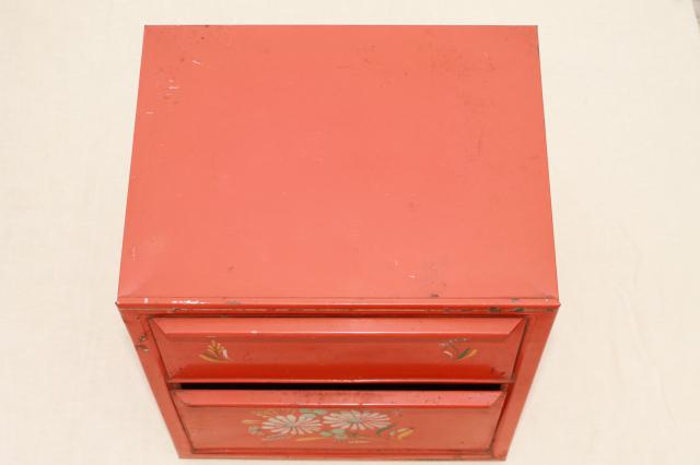vintage Ransburg metal breadbox, red orange bread box w/ bright painted flowers