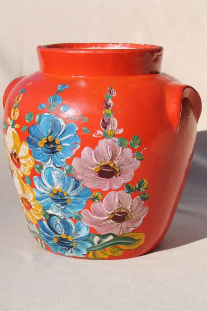 vintage Ransburg stoneware pottery cookie jar crock, hand painted hollyhocks flowers on orange