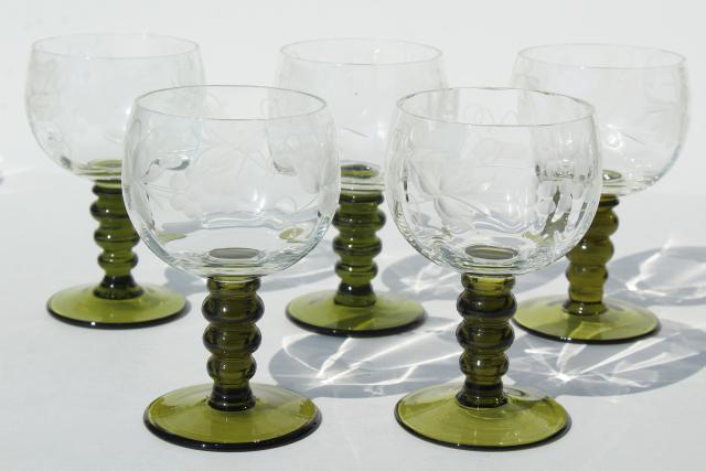 vintage Roemer Rhein wine glasses, green stem etched glass low goblets