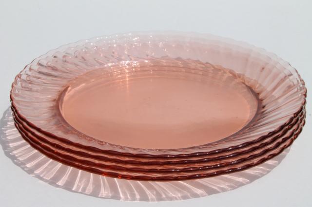 vintage Rosaline pink swirl glass plates set of 4, Arcoroc France depression glass
