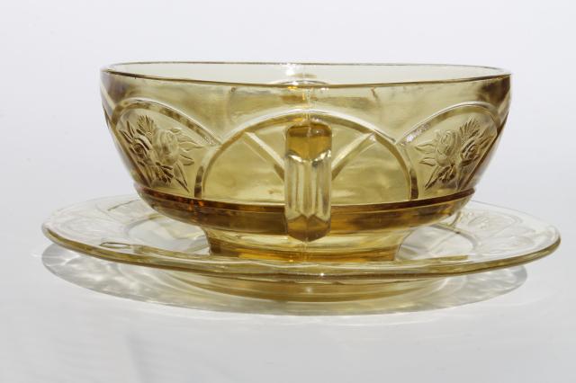 vintage Rosemary amber yellow glass cream soup bowl & saucer, Federal Dutch Rose depression glass