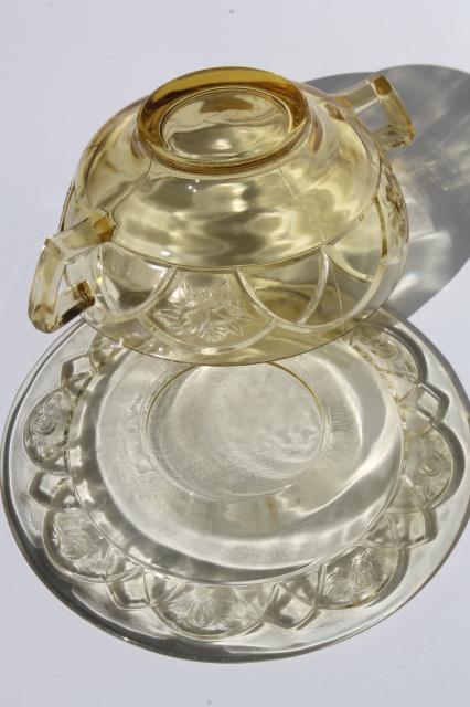 vintage Rosemary amber yellow glass cream soup bowl & saucer, Federal Dutch Rose depression glass