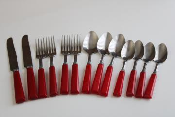 vintage Royal Brand stainless flatware w/ cherry red bakelite handles, lot of 13 pieces