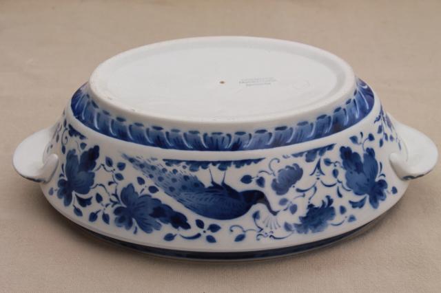 vintage Royal Copenhagen Aluminia faience pottery blue & white peacock tureen bowl w/ cover