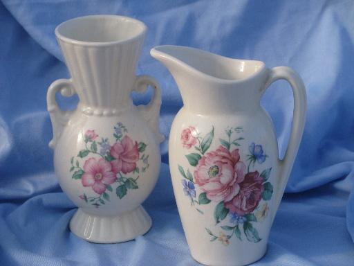 vintage Royal Copley shabby roses china, ivory ewer pitcher and urn vase
